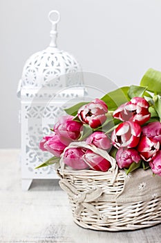 Basket of beautiful pink tulips
