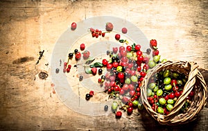 Basket with berries. On wooden table.