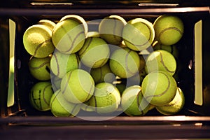 Basket with big tennis balls, top view, nobody