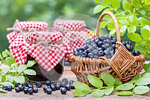 Basket with blueberries and jars of jam.