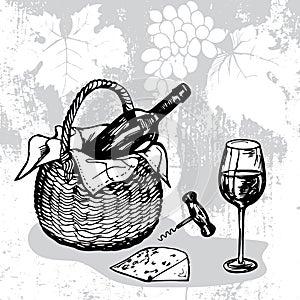 Basket with bottle of wine, wineglass, cheese and corkscrew