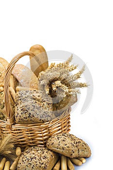 Basket with a bread assortment isolated on white