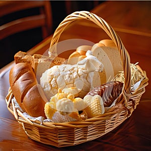 Basket with bread and butter on wooden table. Selective focus