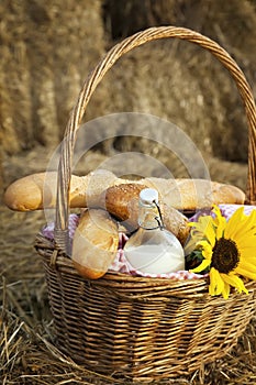 Basket of bread and milk
