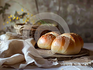 A basket of bread rolls on a table