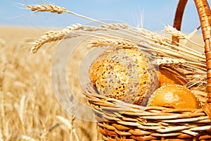 Basket with bread in a wheat field