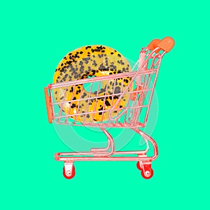 Basket on a bright background. Minimal creative style. Sales, discount and shopping concept. Empty shopping cart