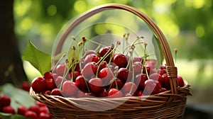Basket brimming with ripe, juicy cherries