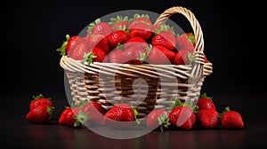 a basket brimming with ripe strawberries against a dark backdrop photo