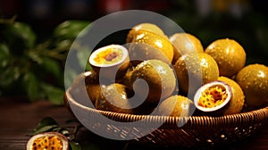 Basket brimming with sweet, ripe passion fruits