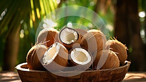 Basket brimming with tropical coconuts