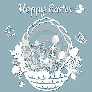 Basket, butterfly, dandelion, grass, leaves, flowers, chamomile, egg. Vector illustration. Easter eggs for Easter holidays. Paper