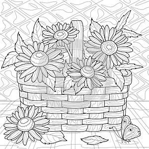Basket with camomiles. Flowers.Coloring book antistress for children and adults.