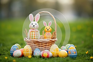 basket with ceramic easter bunny and eggs on grass background