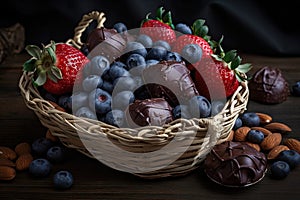 basket of chocolate-covered strawberries, blueberries and almonds