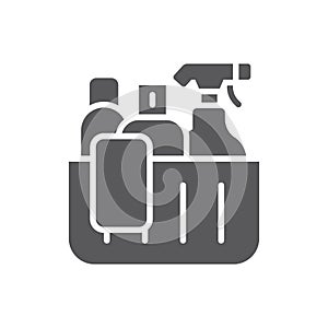 Basket for cleaning with detergents pictogram icon. linear style sign for mobile concept and web design. Household cleaning