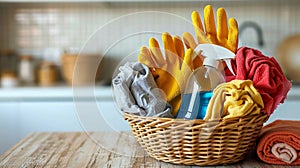 Basket with cleaning products and gloves on table in the kitchen. AI Generated.