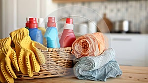 Basket with cleaning products and gloves on table in the kitchen. AI Generated.