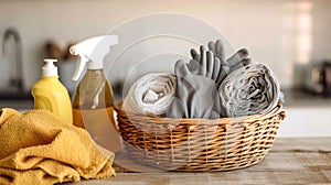 Basket with cleaning products and gloves on table in the kitchen. AI Generated