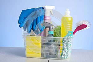 Basket with cleaning products for home hygiene use