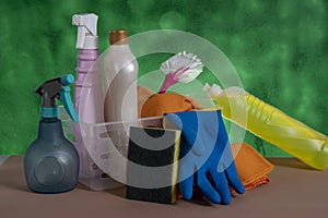 Basket with cleaning products for home hygiene use