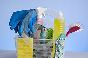 Basket with cleaning products for home hygiene use