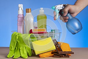 Basket with cleaning products for home hygiene use