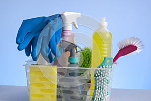 Basket with cleaning products for home hygiene use