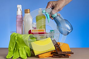 Basket with cleaning products for home hygiene use