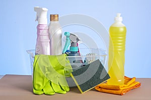 Basket with cleaning products for home hygiene use