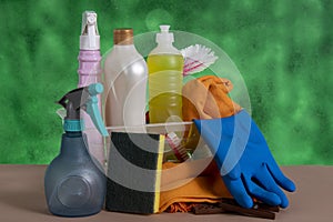 Basket with cleaning products for home hygiene use