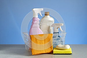 Basket with cleaning products for home hygiene use