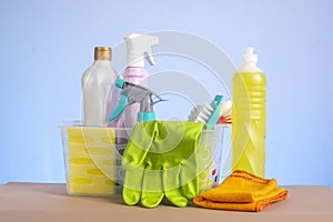 Basket with cleaning products for home hygiene use