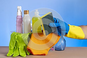 Basket with cleaning products for home hygiene use