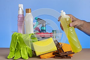 Basket with cleaning products for home hygiene use