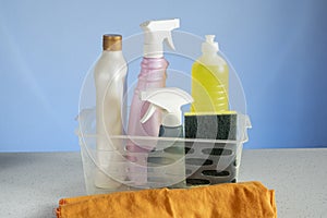 Basket with cleaning products for home hygiene use