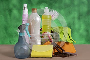 Basket with cleaning products for home hygiene use