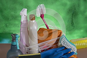 Basket with cleaning products for home hygiene use