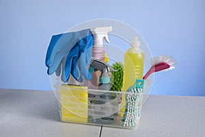 Basket with cleaning products for home hygiene use