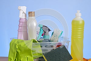 Basket with cleaning products for home hygiene use