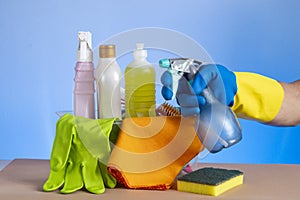 Basket with cleaning products for home hygiene use