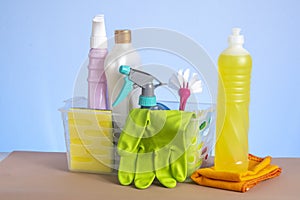 Basket with cleaning products for home hygiene use