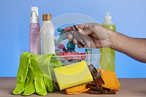 Basket with cleaning products for home hygiene use