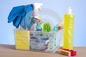 Basket with cleaning products for home hygiene use