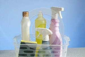 Basket with cleaning products for home hygiene use