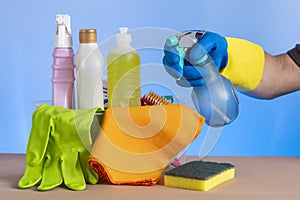 Basket with cleaning products for home hygiene use