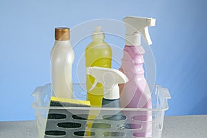 basket with cleaning products for home hygiene use