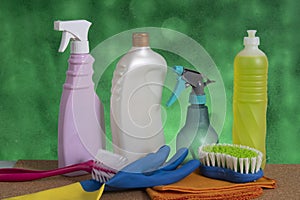 basket with cleaning products for home hygiene use