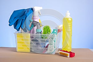 basket with cleaning products for home hygiene use