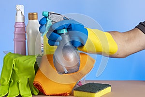 basket with cleaning products for home hygiene use